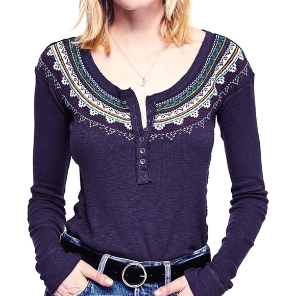 Free People Thermal Top Small Navy Blue Fair Isle Henlet Long Sleeve - Picture 9 of 13